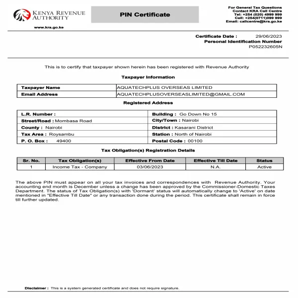 Kenya Revenue Authority - Pin Certificate