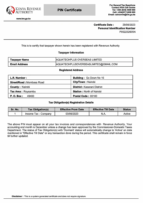 Kenya Revenue Authority - Pin Certificate